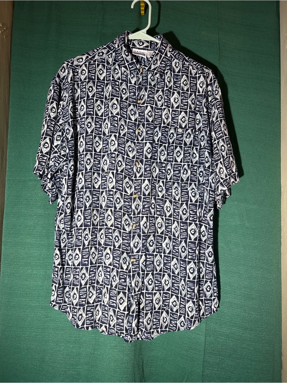 Basic Editions Navy & White Geometric Short-Sleeve Button-Down